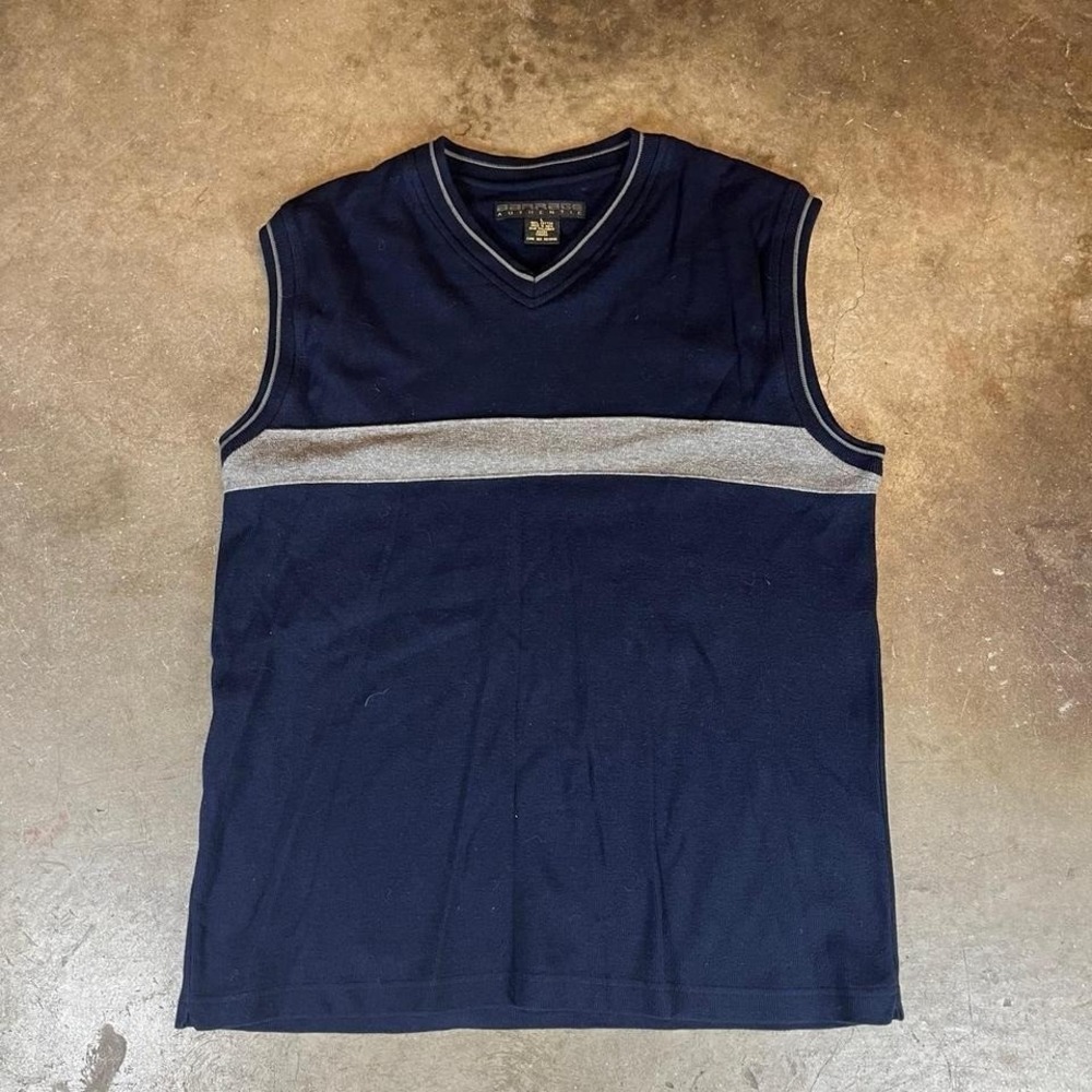 Vintage 90s Navy blue sleeveless sweater vest with grey stripes Men's Large